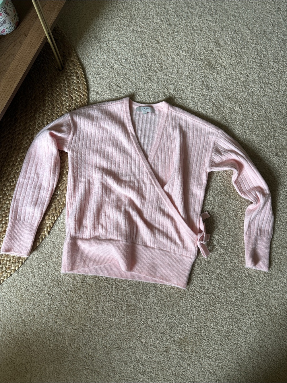 LOFT Light Pink Ribbed Wrap V‑Neck Sweater